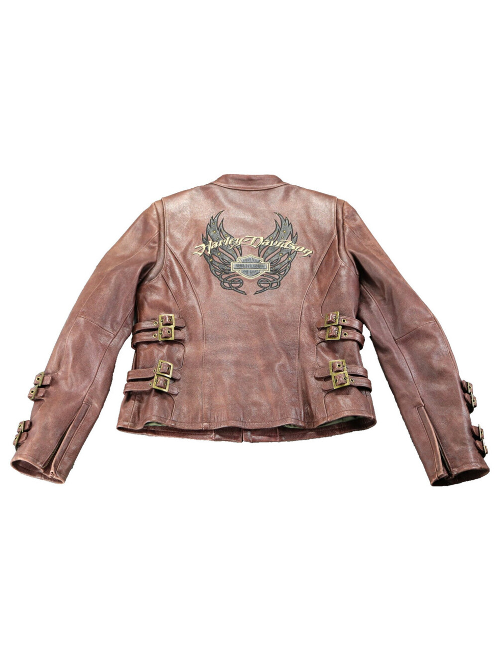 women's harley davidson jacket M brown leather eagle wings straps buckles studs